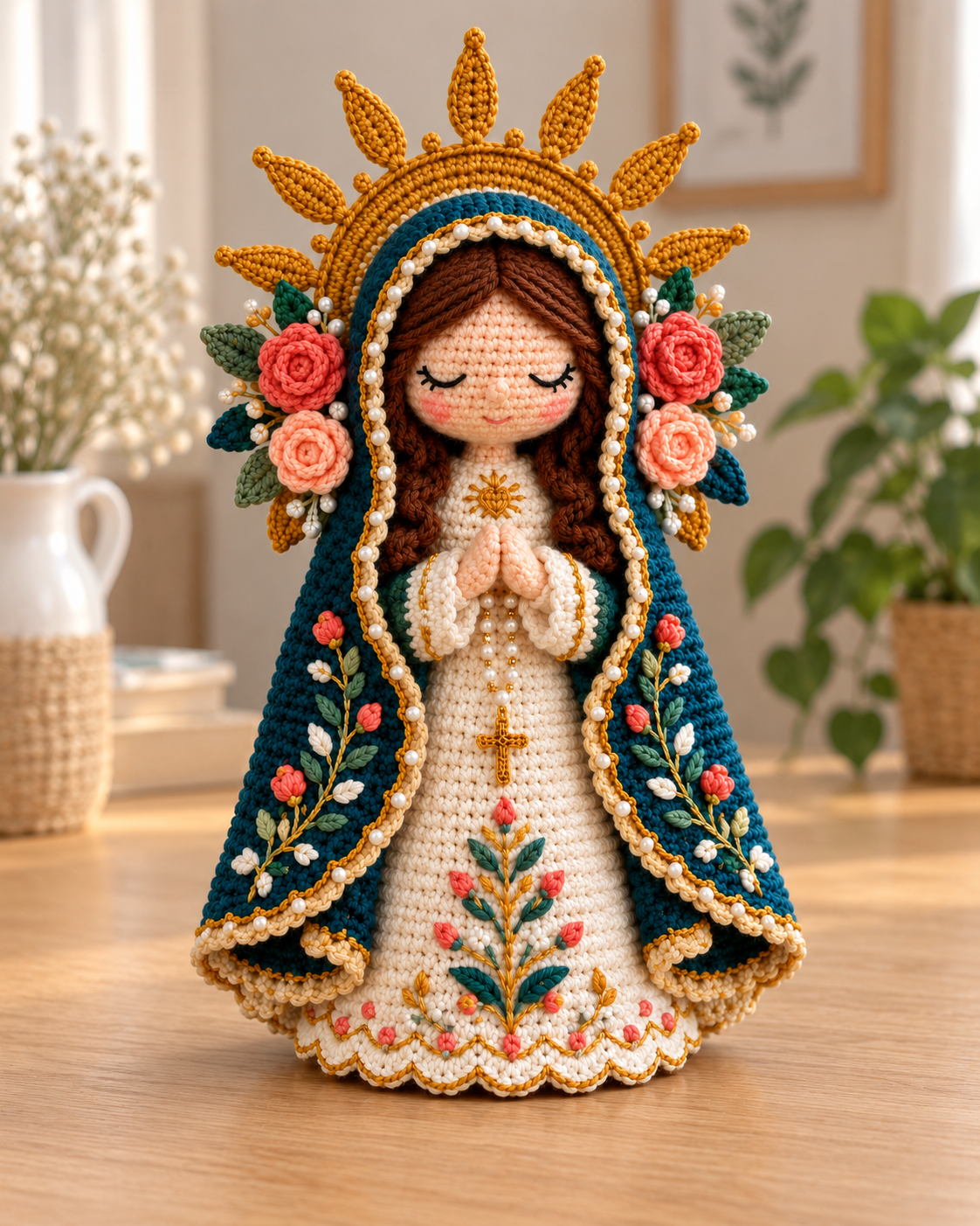 Santinha Jardim Celeste de crochê com manto azul e auréola dourada