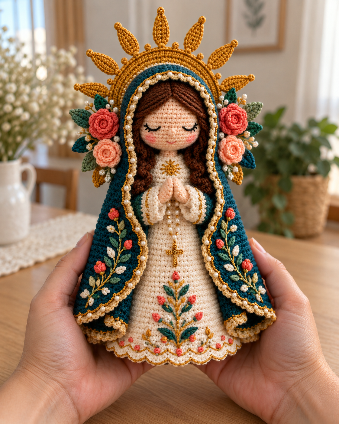 Santinha Jardim Celeste vista de frente, com mãos em oração e mini terço