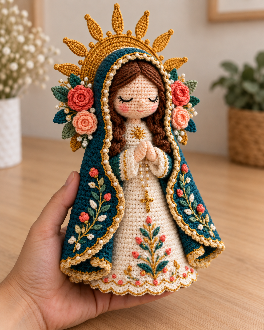 Santinha com halo dourado e acabamento floral