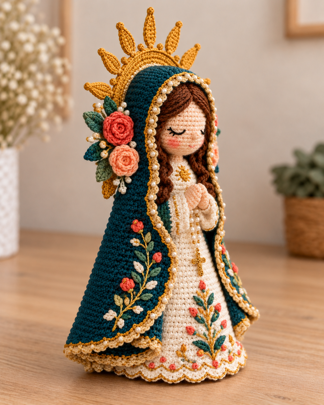 Perfil direito da Santinha com flores e manto